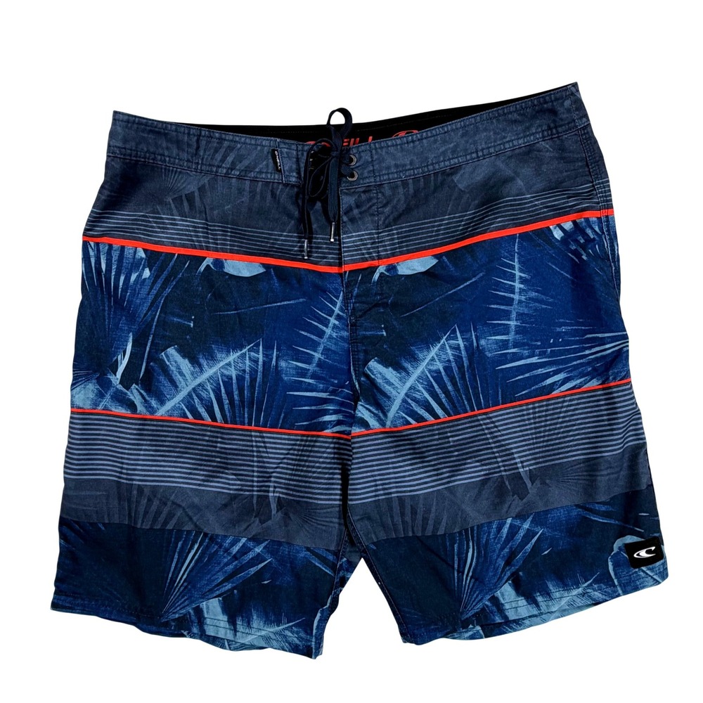 O'Neill Board Shorts Mens 38 Blue Tropical Palm Leaf Striped Swim Trunks